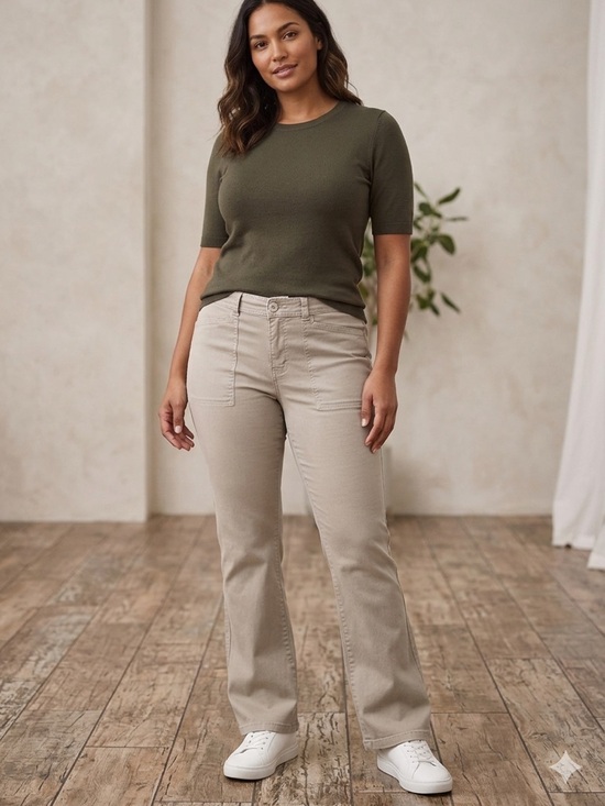 Gloria Vanderbilt Denim - Gloria Vanderbilt Olive Knit Top with Beige Wide-Leg Jeans